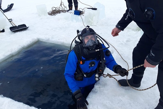 Спасатели-водолазы провели тренировочные погружения под лед на Сурском водохранилище.